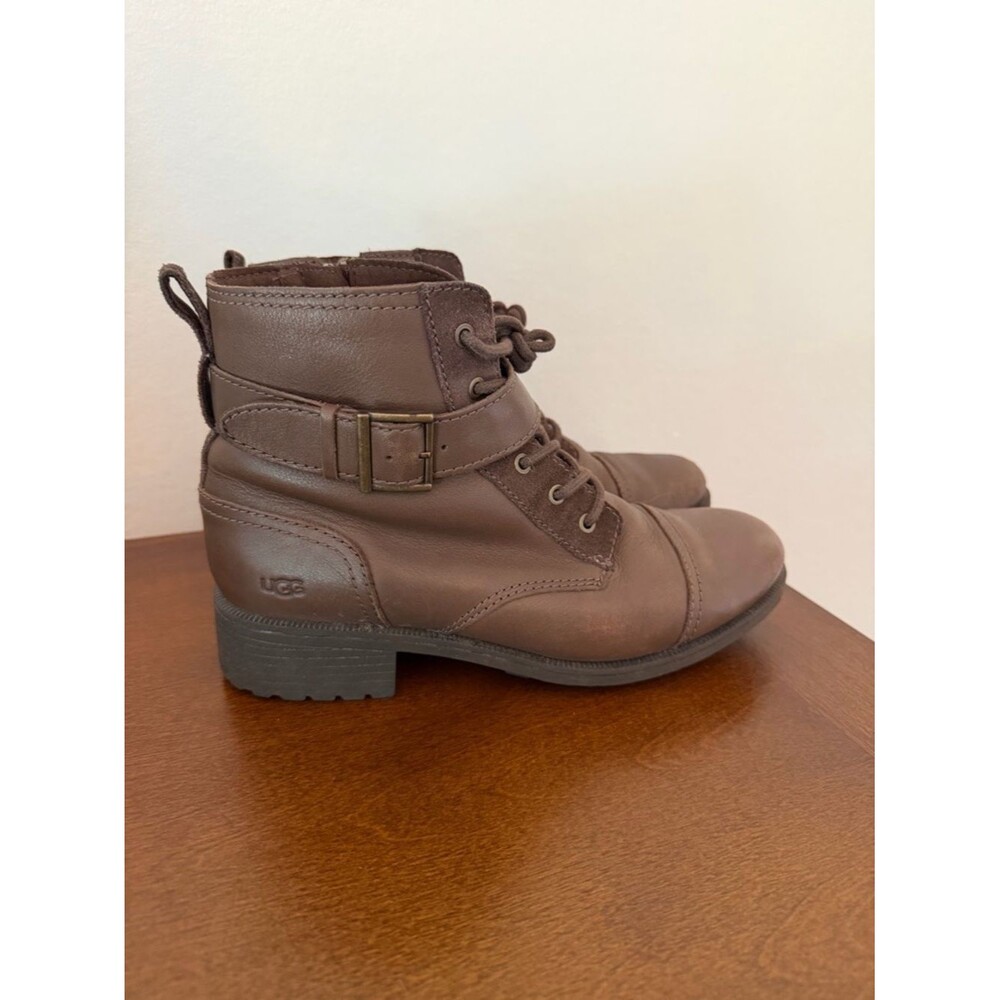 UGG Jaidyn Grizzly Leather Combat Ankle Boots Brown Shearling Lined Size 9.5